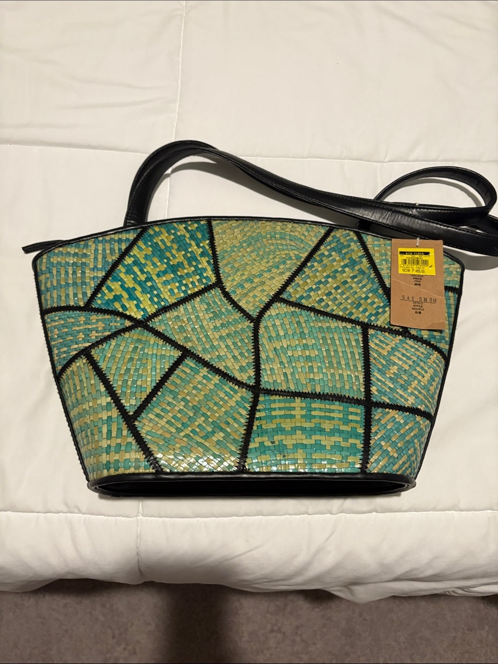 Le Sac for Kultura Stylish Teal Woven Tote Bag with Black Trim